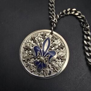 Vintage Germany Fleur De Lis Pendant Necklace Silver Tone Blue Enamel